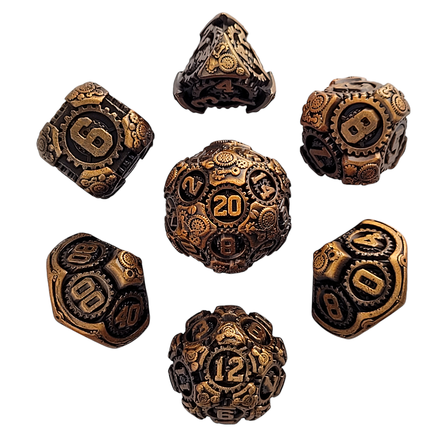 This is a white background image of the Forged Gaming Chronomica Mechanicum Gold Metal RPG Dice Set.