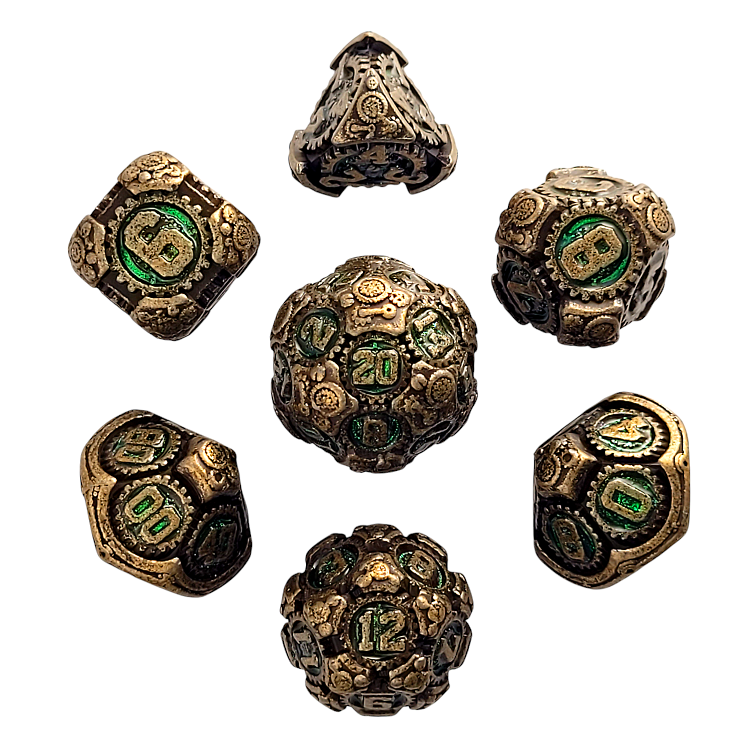 This is a white background image of the Forged Gaming Chronomica Mechanium Gold Green Metal RPG Dice Set. 