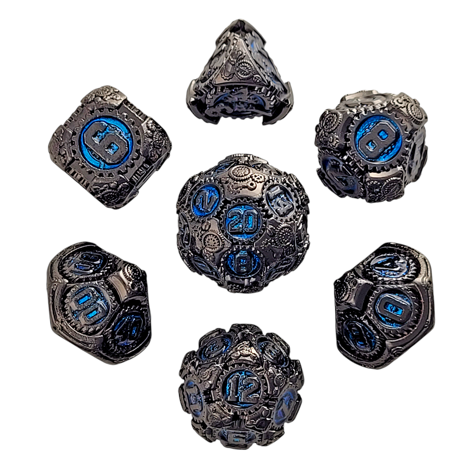 This is a white background image of  the Forged Gaming Chronomica Mechanicum Gunmetal Blue Metal RPG Dice Set.