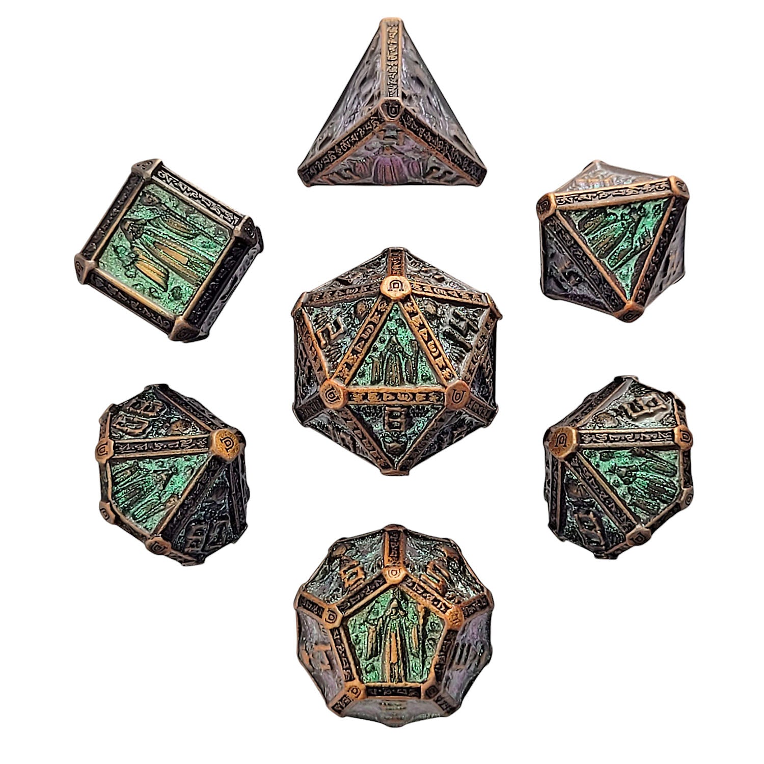 This is a white background image of the Forged Gaming Cryptic Reliquary Shimmering Green Metal RPG Dice Set.