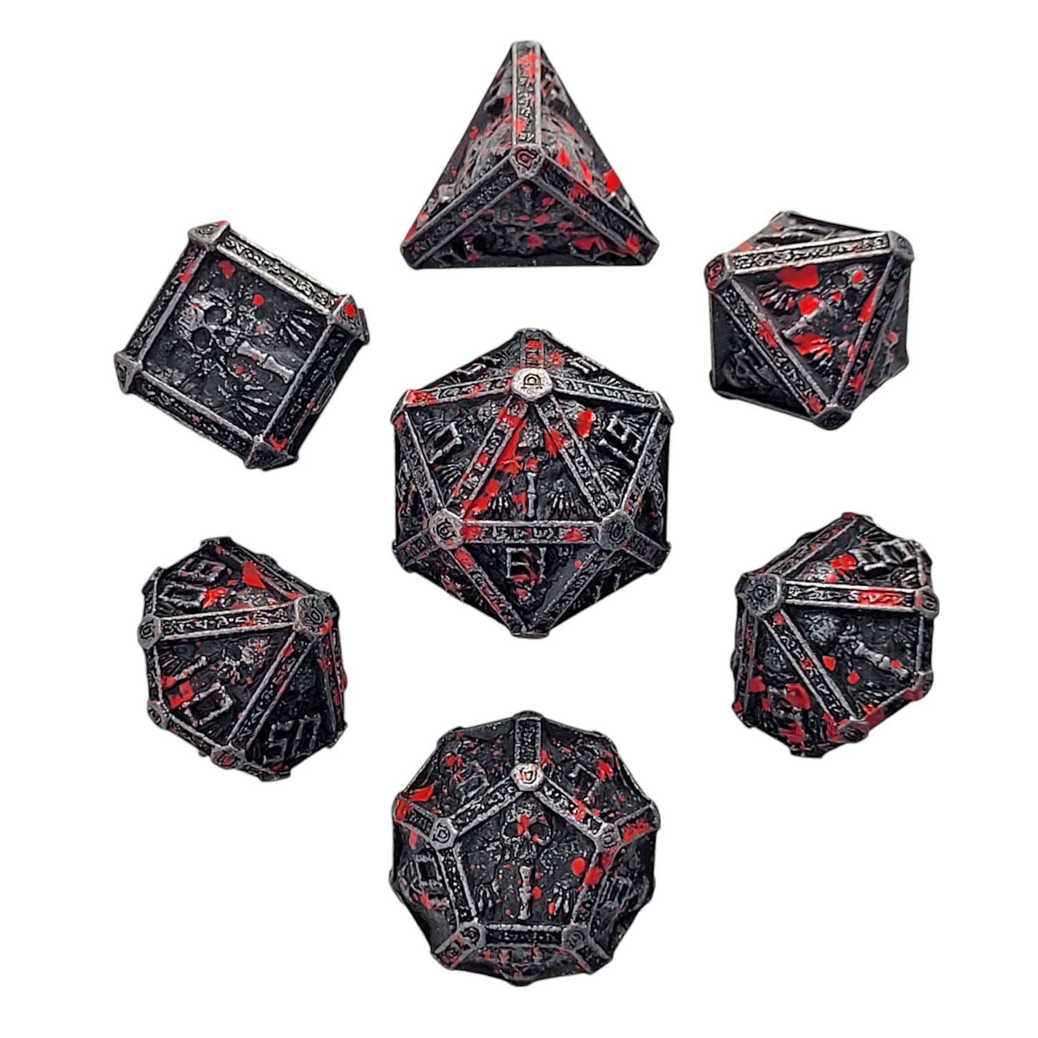 This is a white background image of the Forged Gaming Cryptic Reliquary Silver Blood Metal RPG Dice Set.