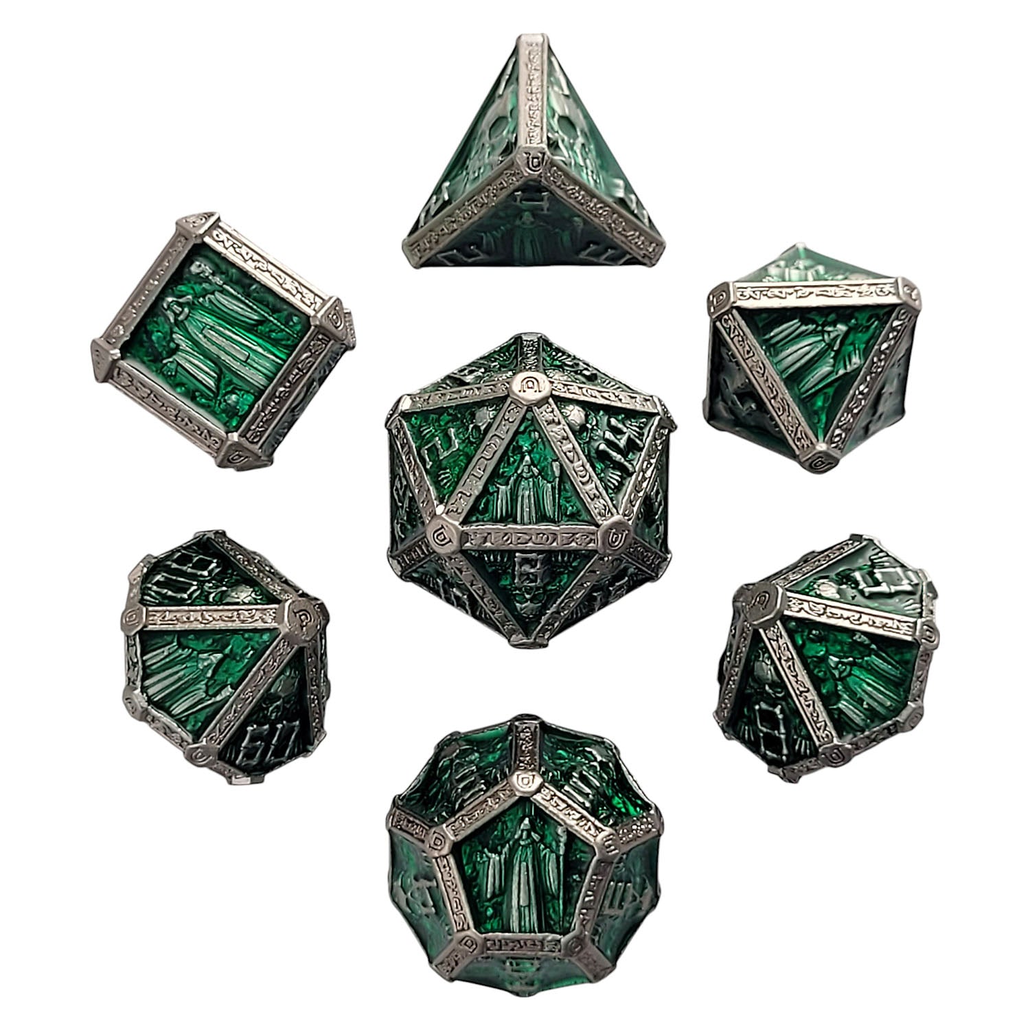 This is a white background image of the Forged Gaming Cryptic Reliquary Silver Green Metal RPG Dice Set. 