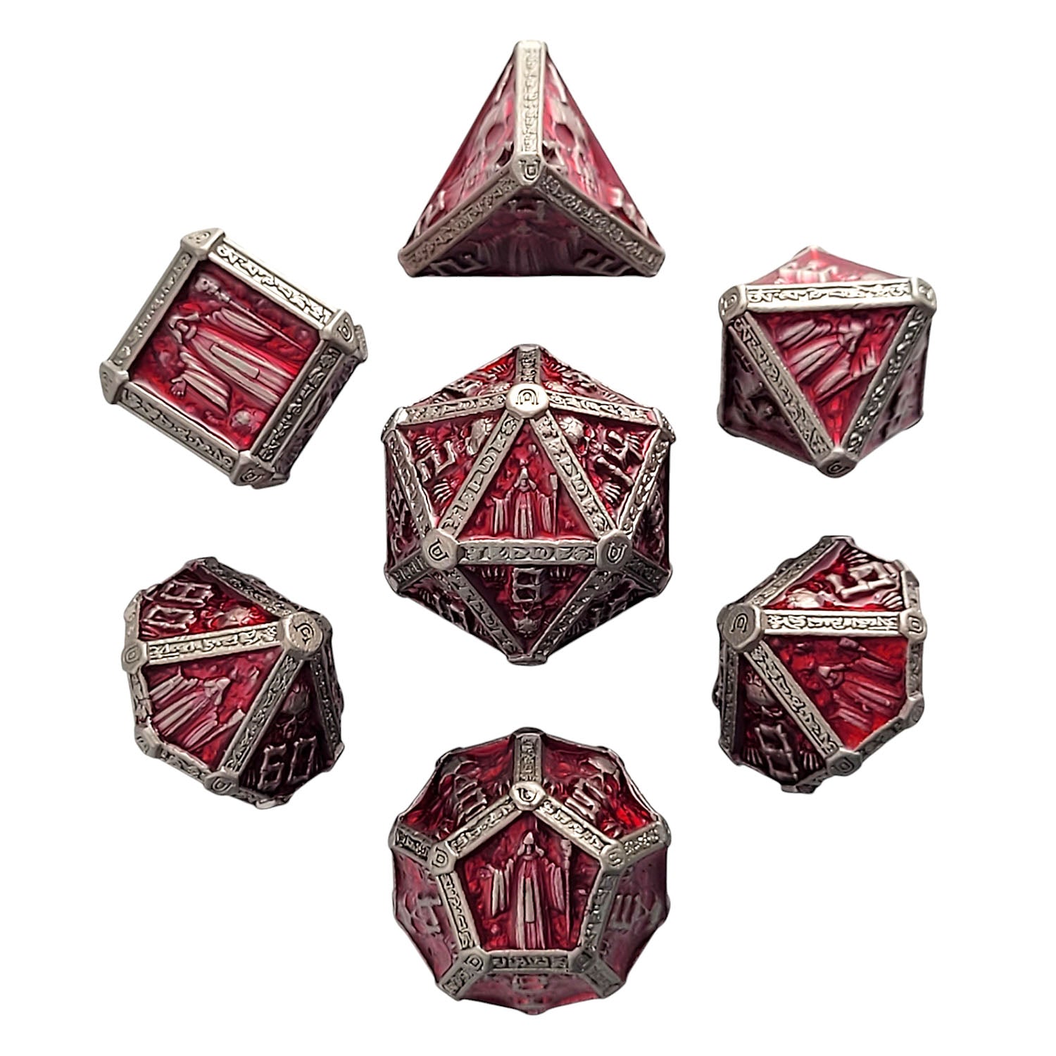 image of the Forged Gaming Cryptic Reliquary Silver Red Metal RPG Dice Set.