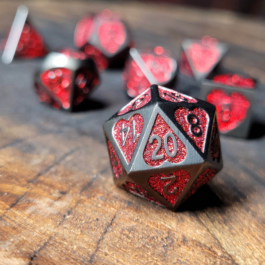 Dark Heart Set of 7 Heart-Shaped Metal RPG Dice and Heart Dice Box