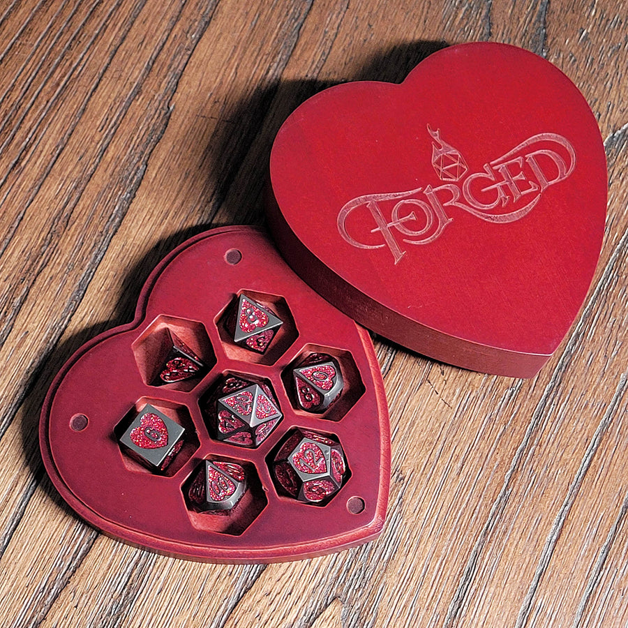 Dark Heart Set of 7 Heart-Shaped Metal RPG Dice and Heart Dice Box