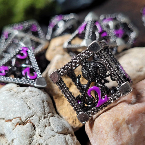 Deep Dreamer Silver Purple Hollow Metal RPG Dice Set of 7