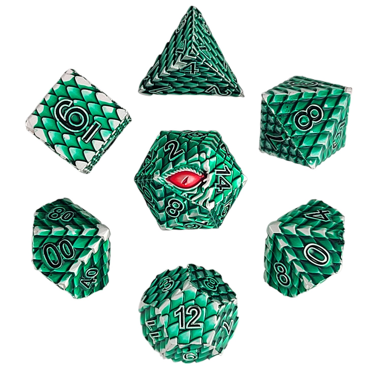 This is a white background image of the Forged Gaming Dragon's Gaze Silver Green metal RPG dice set.