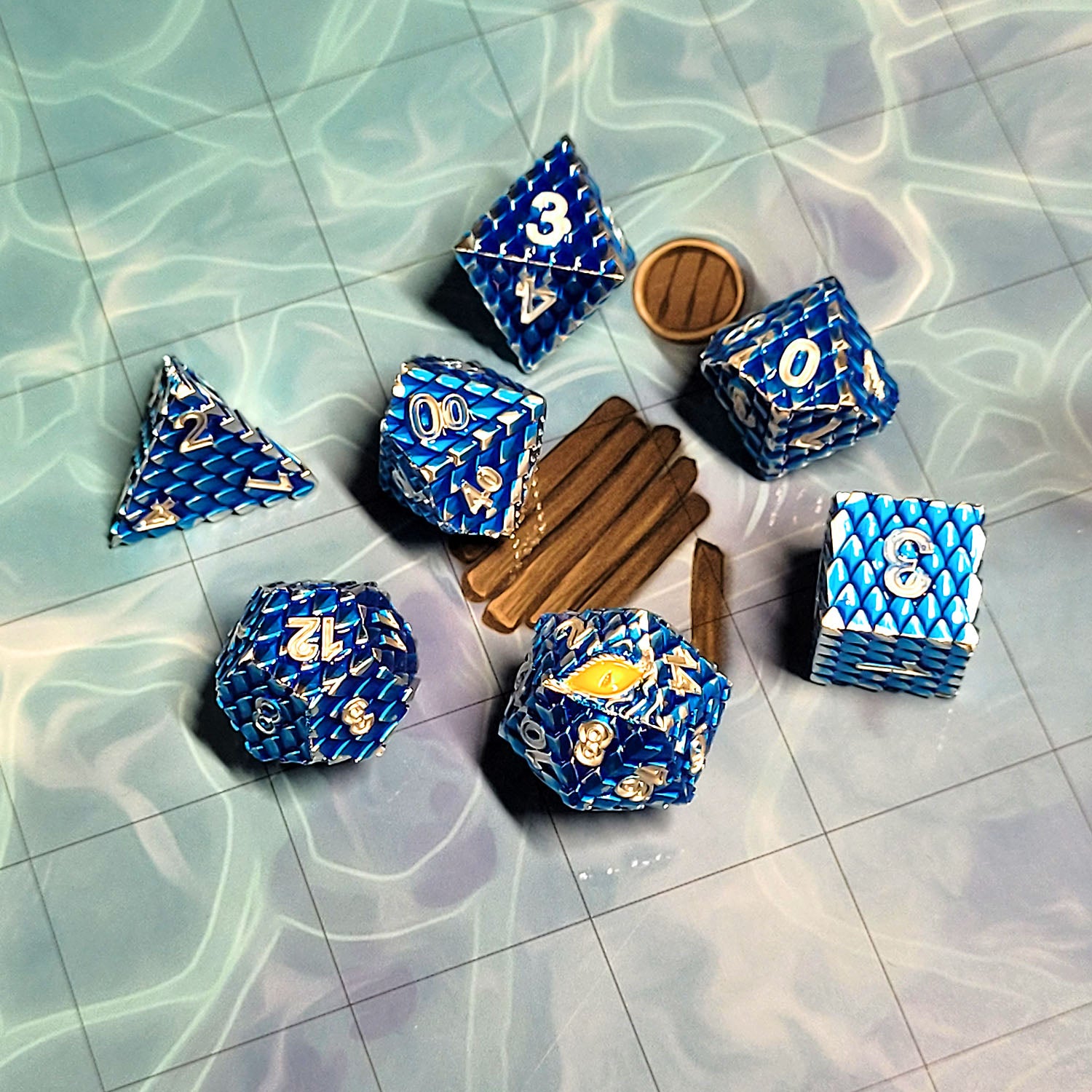 This is an environmental image of the Forged Gaming Dragon's Gaze Blue Metal RPG Dice Set. The photo was taken using the Open Water Encounter Map as a background.