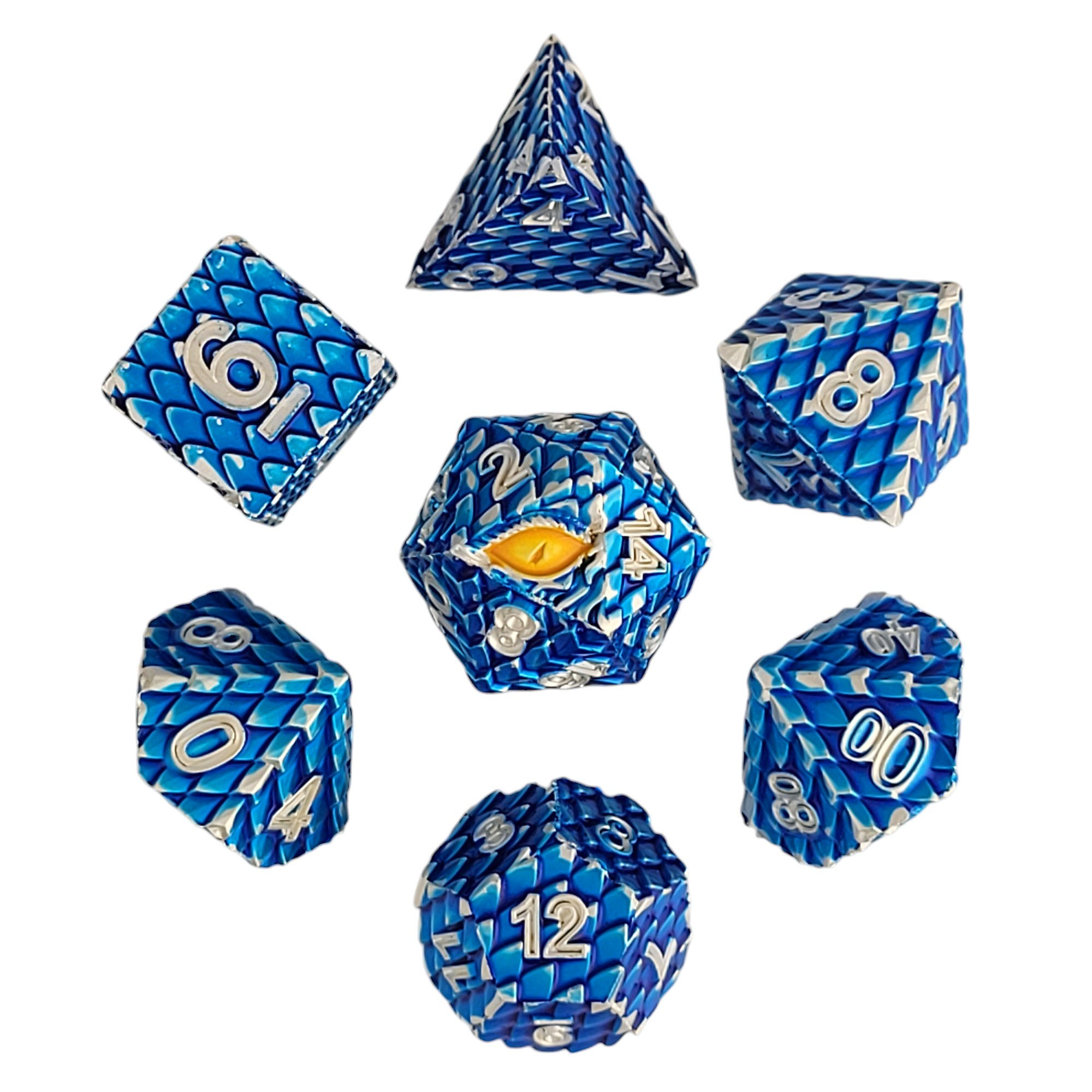 This is a white background image of the Forged Gaming Dragon's Gaze Blue Metal RPG Dice Set. 