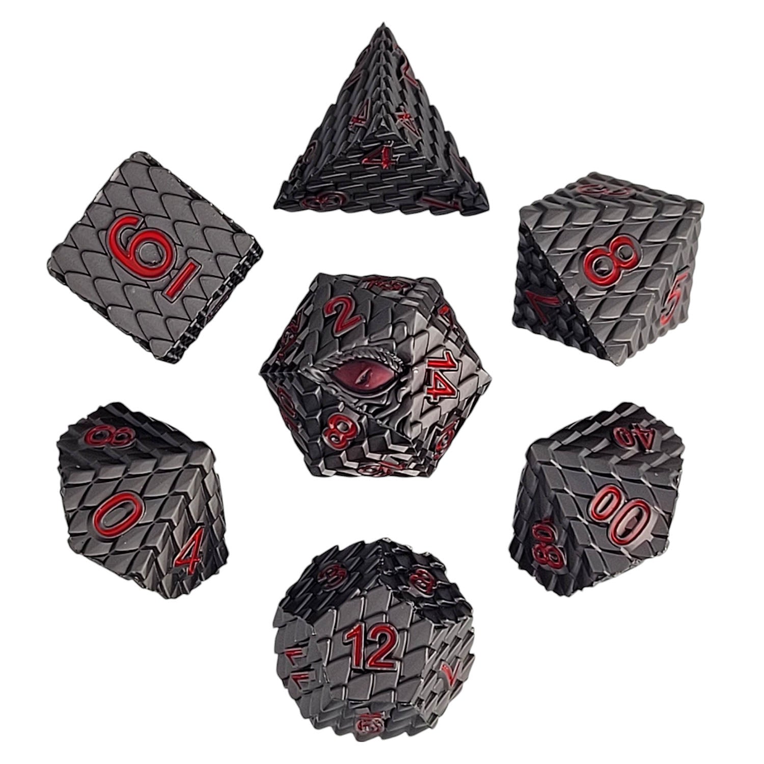 This is a white background image of the Forged Gaming Dragon's Gaze Gunmetal Metal RPG Dice Set.