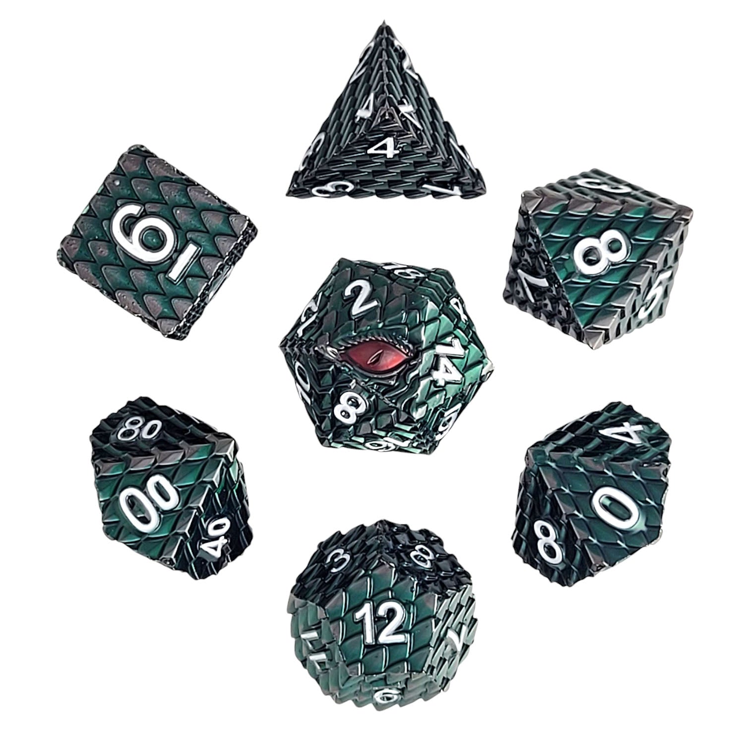 This is a white background image of the Forged Gaming Dragon's Gaze Green Metal RPG Dice Set featuring red dragon eye on the D20 face.