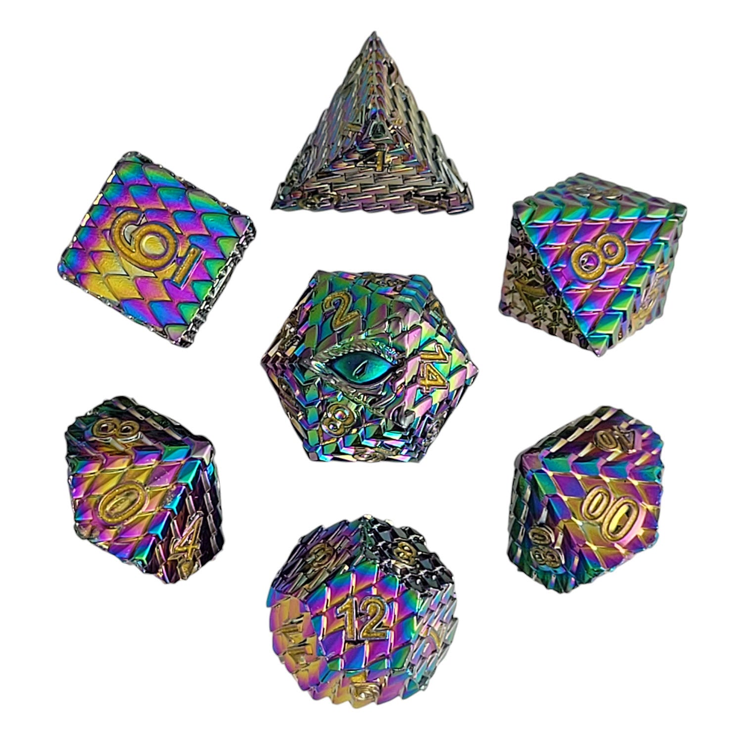 This is a white background image of the Forged Gaming Iridescent Metal RPG Dice Set.