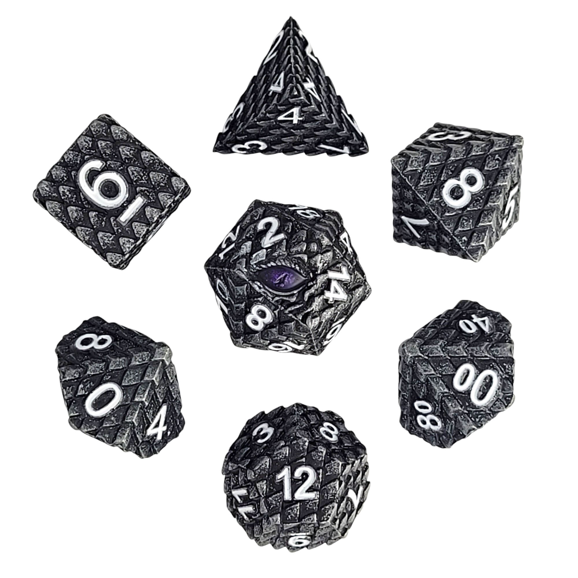 This is a white background image of the Forged Gaming Dragon's Gaze Silver Metal RPG Dice Set.