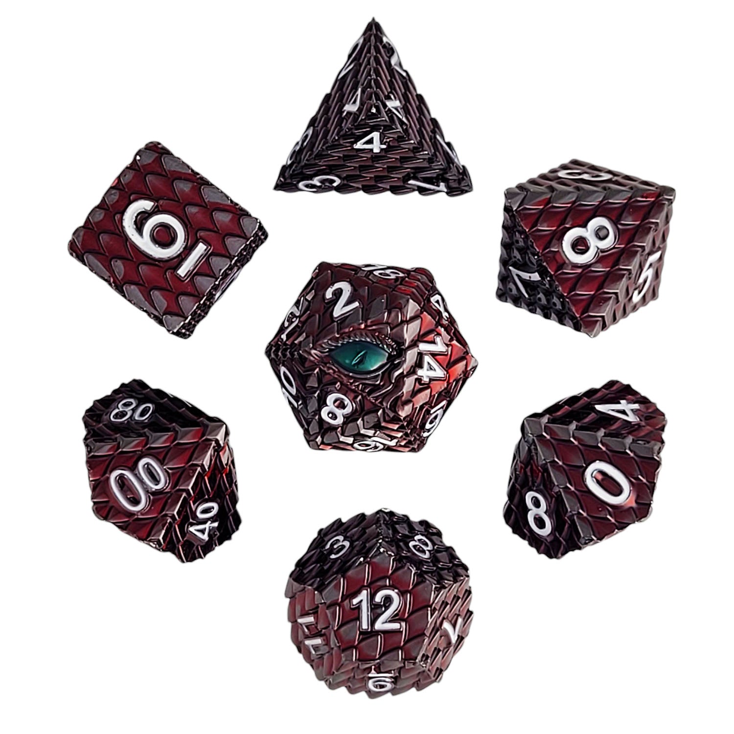 This is a white background image of the Forged Gaming Dragon's Gaze Red Metal RPG Dice Set.