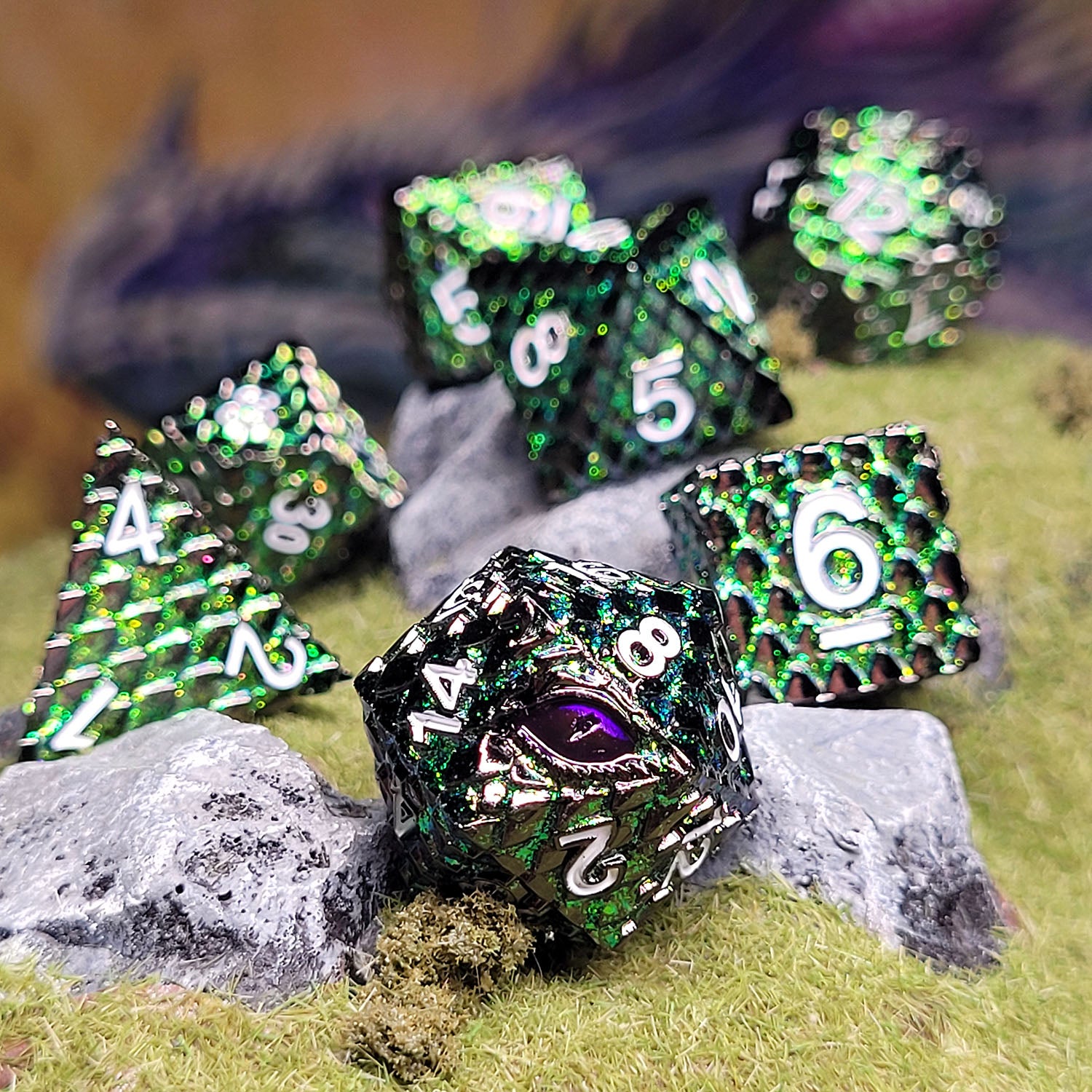 This is an environmental image of the Forged Gaming Dragon's Gaze Shimmering Green Metal RPG Dice Set. The photo was taken using a piece of wargaming terrain as a background.