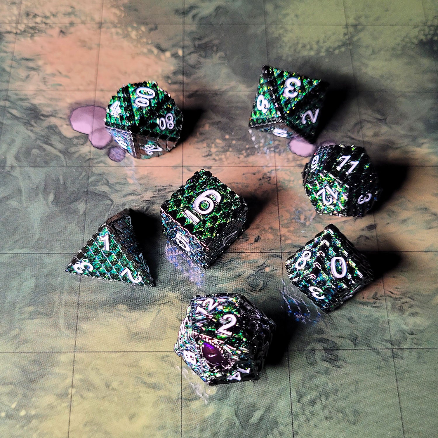 This is an environmental image of the Forged Gaming Dragon's Gaze Shimmering Green Metal RPG Dice Set. The photo was taken using the Wooded Forest Encounter Map as a background.