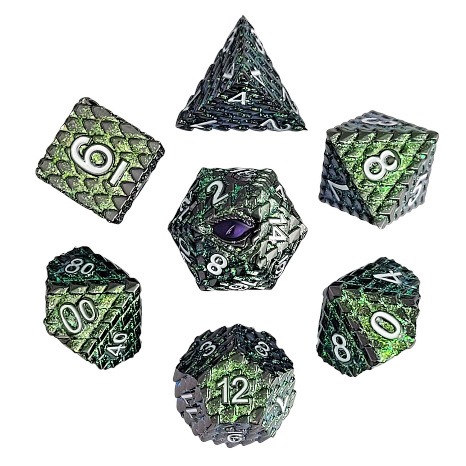 This is a white background image of the Forged Gaming Dragon's Gaze Metal RPG Dice Set.