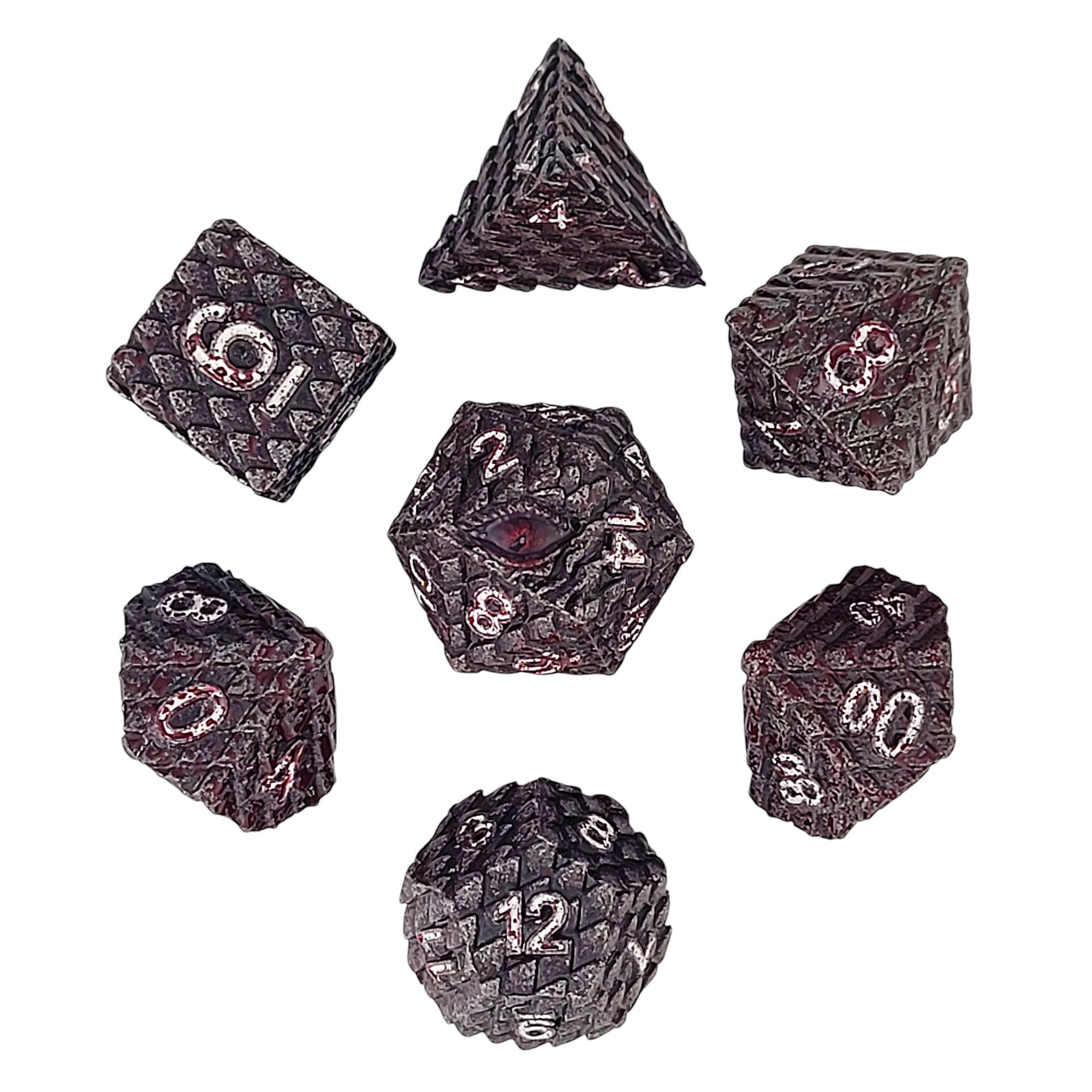 This is a white background image of the Forged Gaming Dragon's Gaze Silver Blood Metal RPG Dice Set.