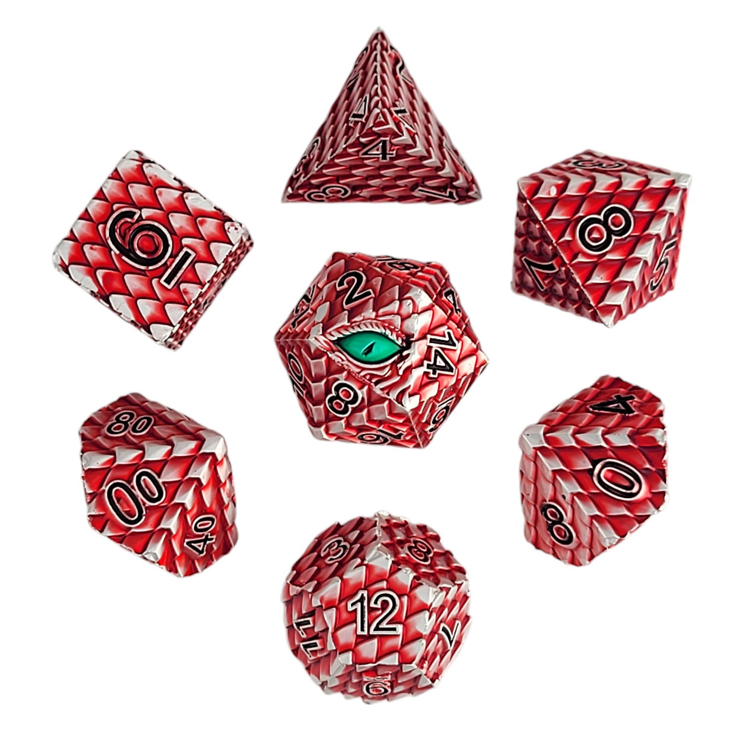 This is a white background image of the Forged Gaming Dragon's Gaze metal RPG dice set.