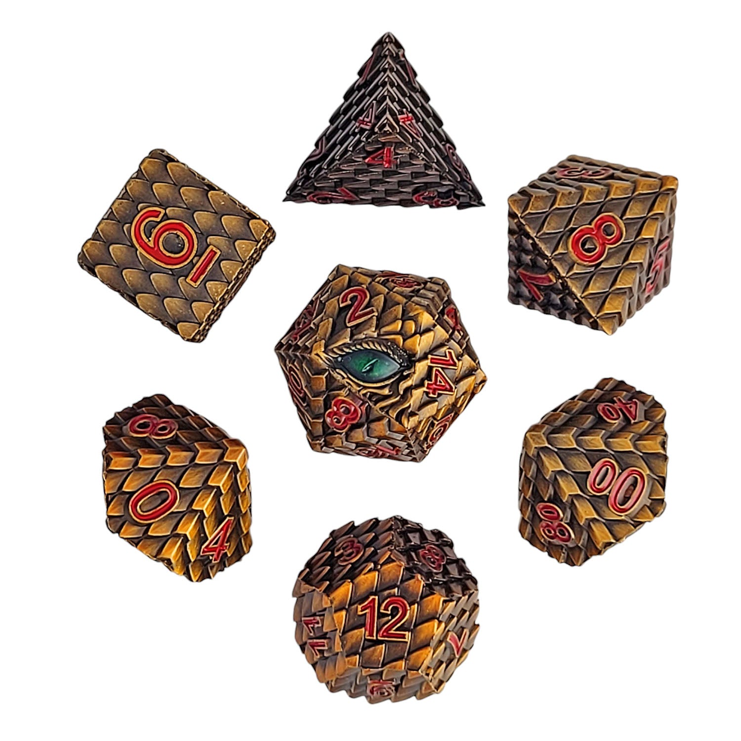 This is a white background image of the Forged Gaming Dragon's Gaze Bronze Metal Dice Set. 