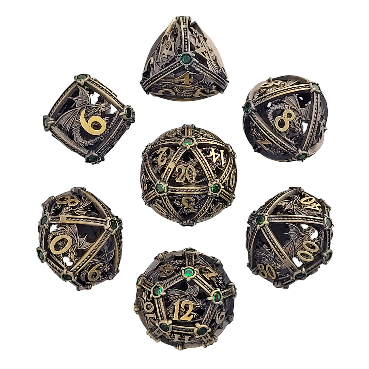 This is a white background image of the Forged Gaming Dragon's Jewel Ancient Gold Hollow Metal RPG Dice Set.