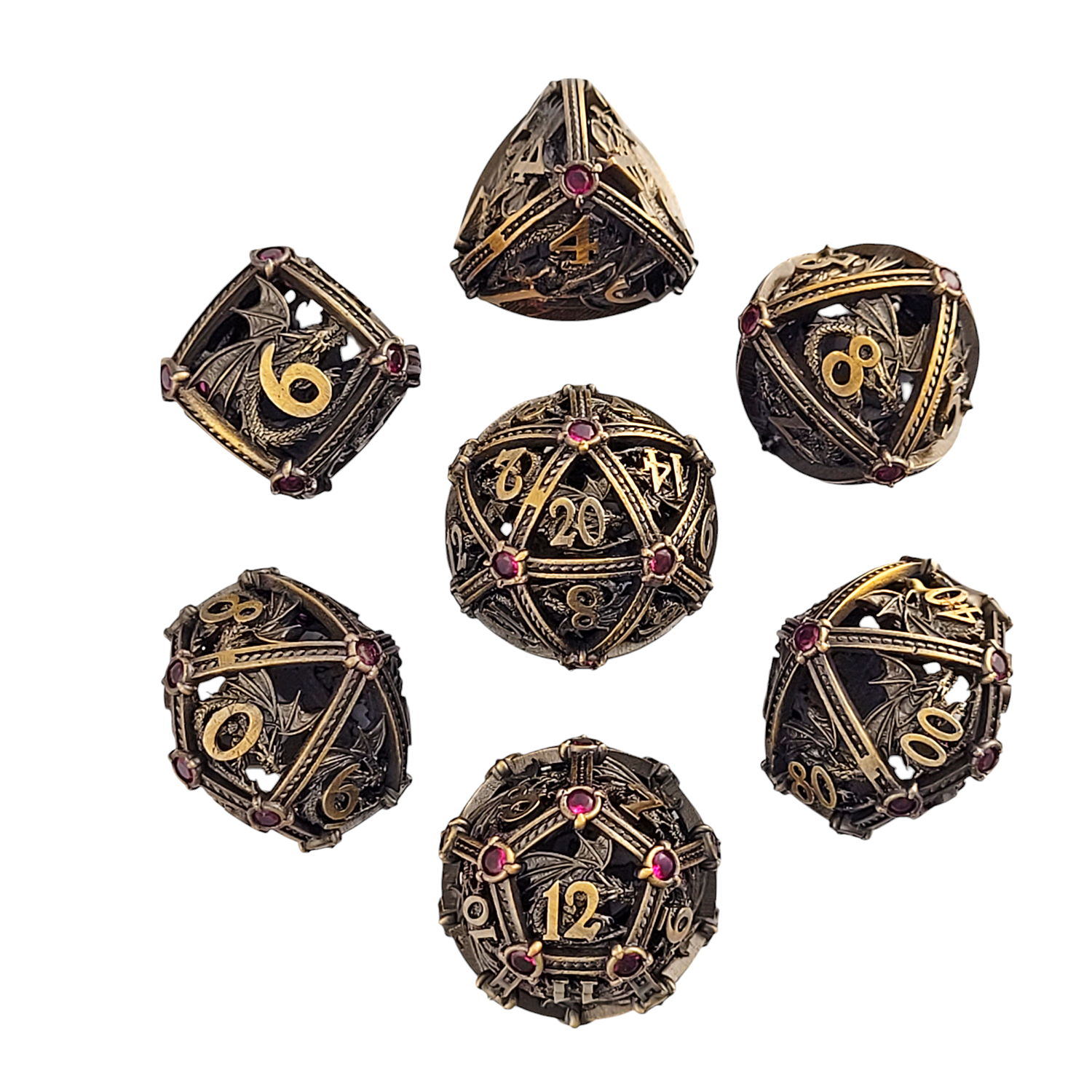 This is a white background image of the Forged Gaming Dragon's Jewel Bronze Hollow Metal RPG Dice Set. 