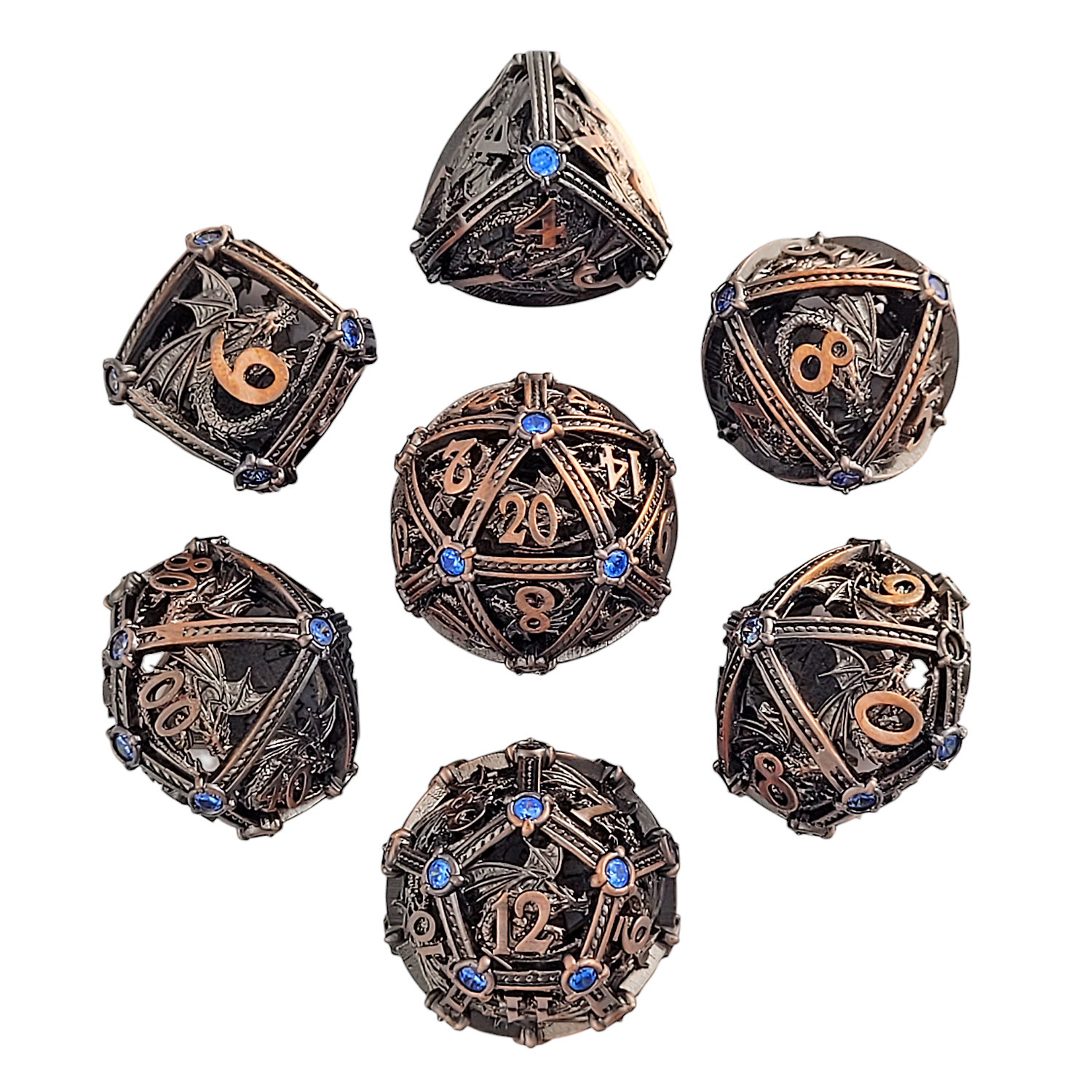 This is a white background image of the Forged Gaming Dragon's Jewel Copper Hollow Metal RPG Dice Set.