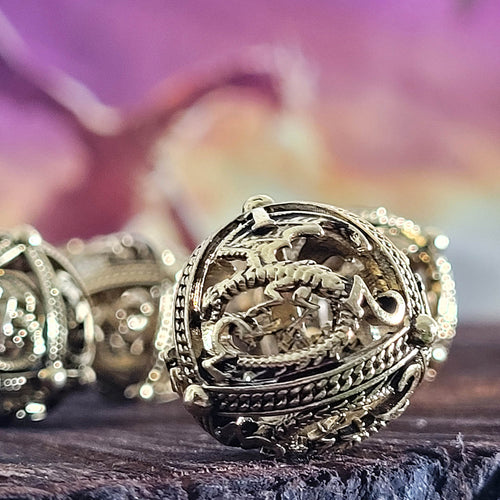 Dragons Bauble Antique Gold Hollow Metal RPG Dice Set