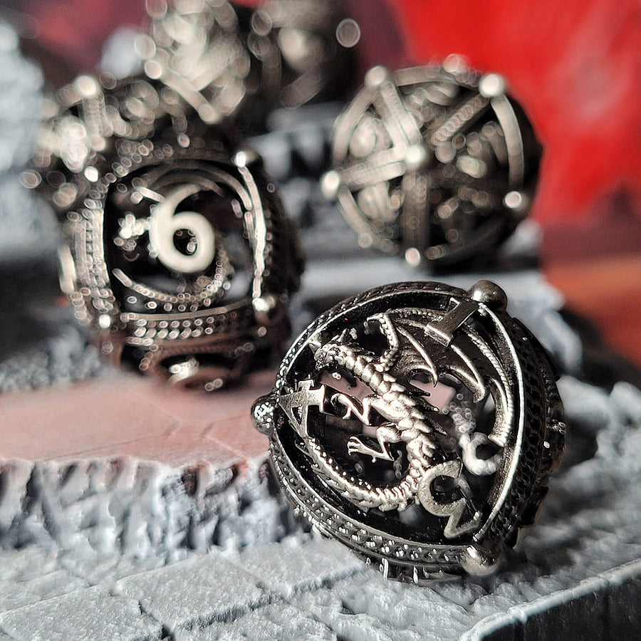 Dragons Bauble Antique Silver Hollow Metal RPG Dice Set