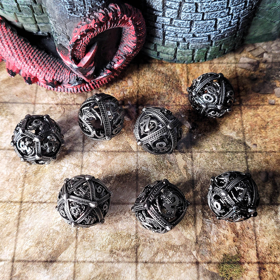 Dragons Bauble Antique Silver Hollow Metal RPG Dice Set