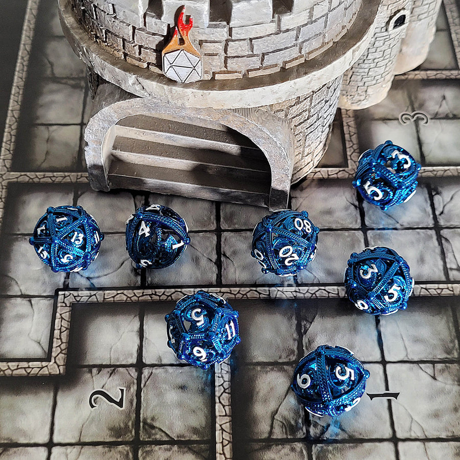 Dragons Bauble Blue Hollow Metal RPG Dice Set