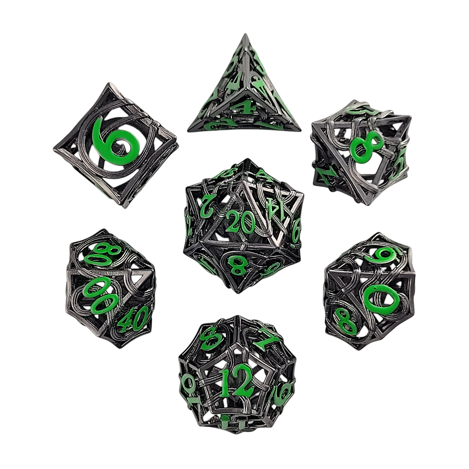 This is a white background image of the Forged Gaming Entangled Fate Silver Green Hollow Metal RPG Dice Set. 