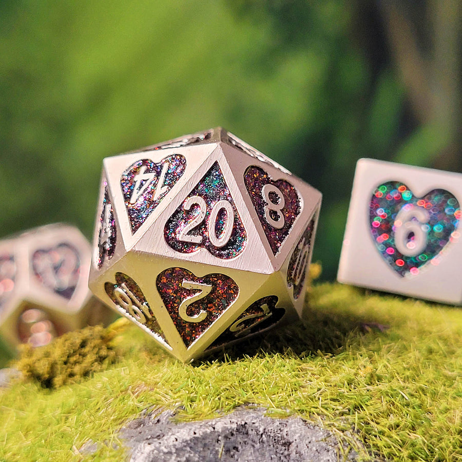 Forest Heart Set of 7 Heart-Shaped Metal RPG Dice and Heart Dice Box