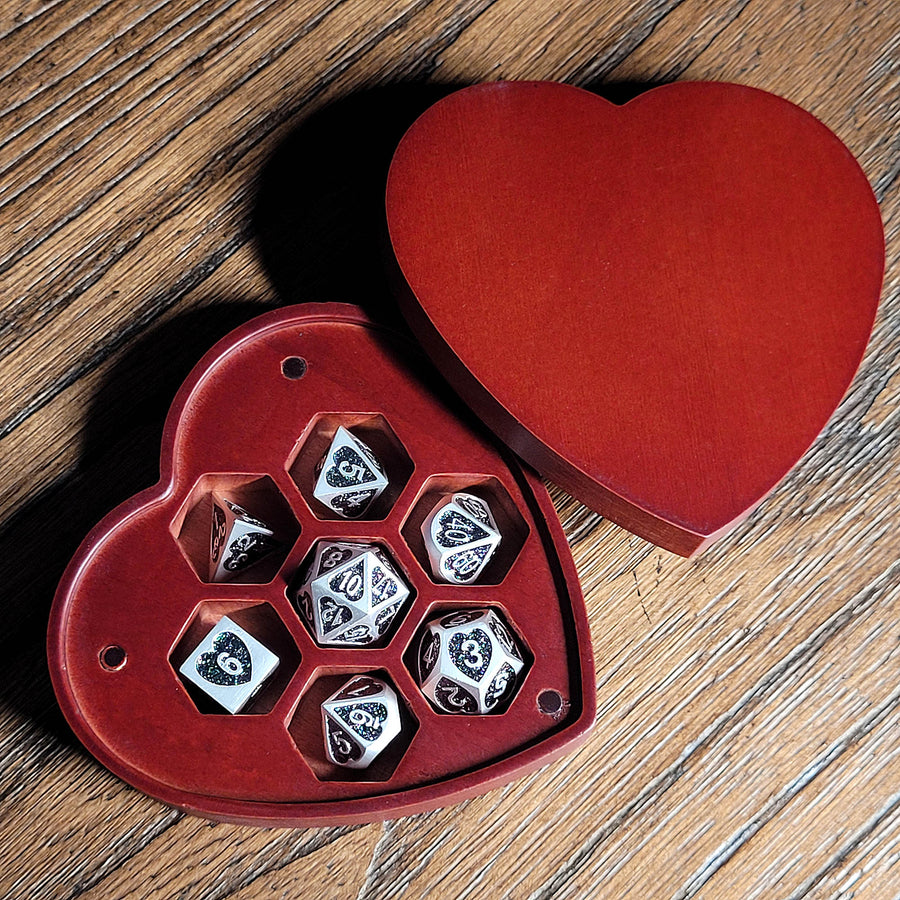 Forest Heart Set of 7 Heart-Shaped Metal RPG Dice and Heart Dice Box