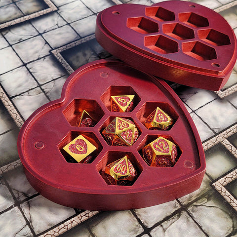 Fortunate Heart Set of 7 Heart-Shaped Metal RPG Dice and Heart Dice Box