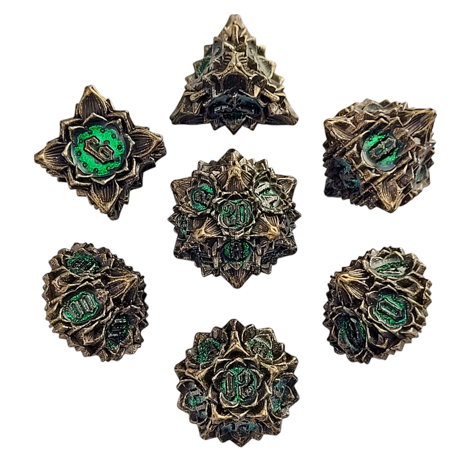 This is a white background image of the Gothic Bouquet Antique Gold Green Metal RPG Dice Set. 