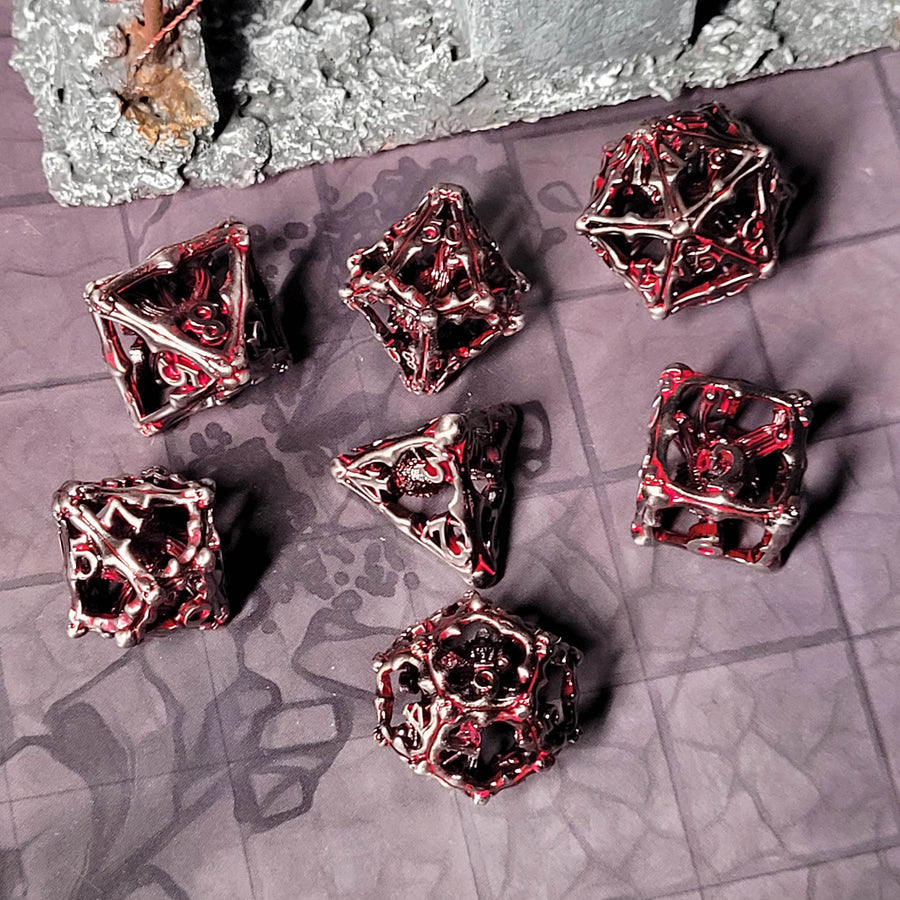 Grave Watcher Silver Red Hollow Metal RPG Dice Set