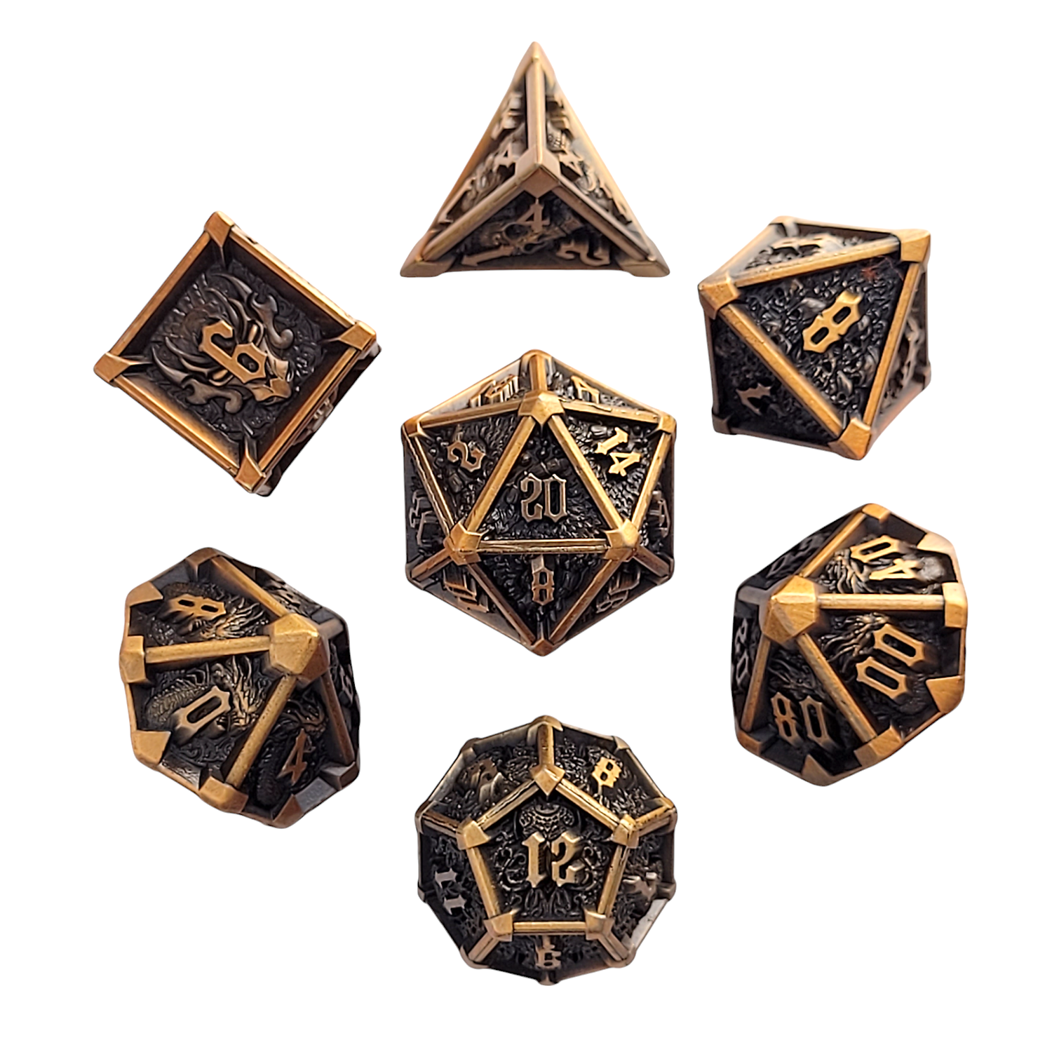 This is a white background image of the Forged Gaming Ossuary Obscura Bronze Metal RPG Dice Set.