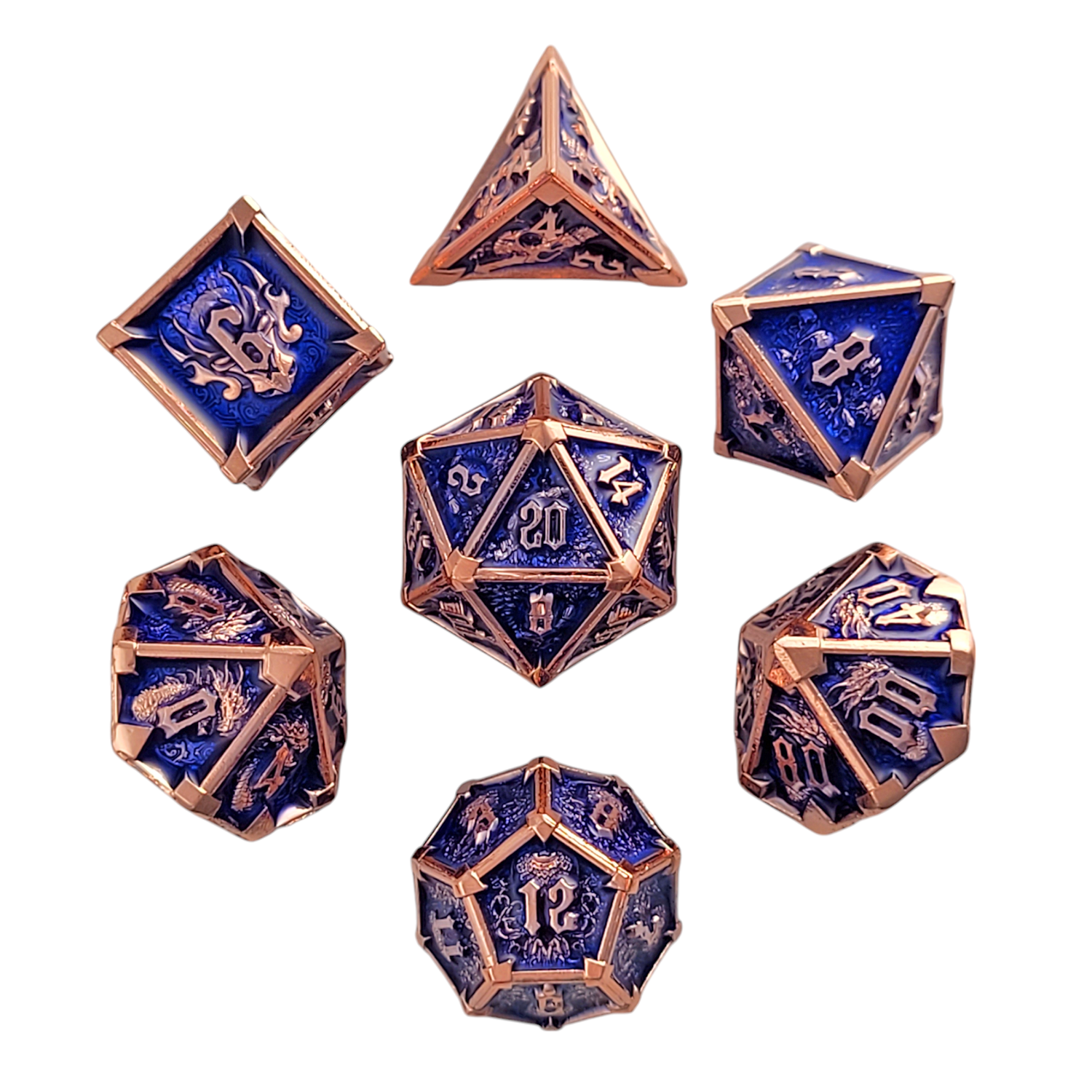 This is a white background image of the Forged Gaming Ossuary Obscura Copper Blue Metal RPG Dice Set. 