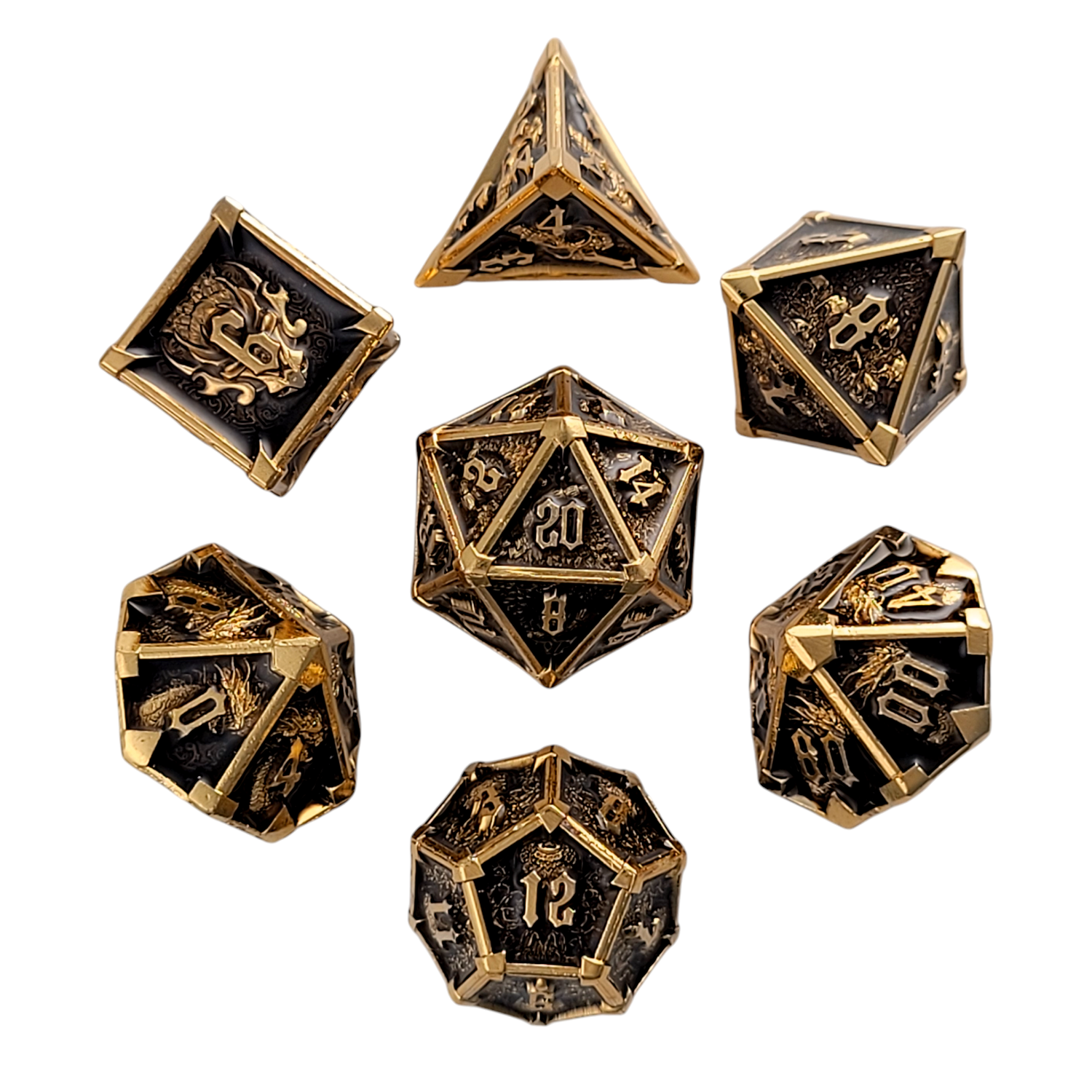 This is a white background image of the Forged Gaming Ossuary Obscura Gold Metal RPG Dice Set.