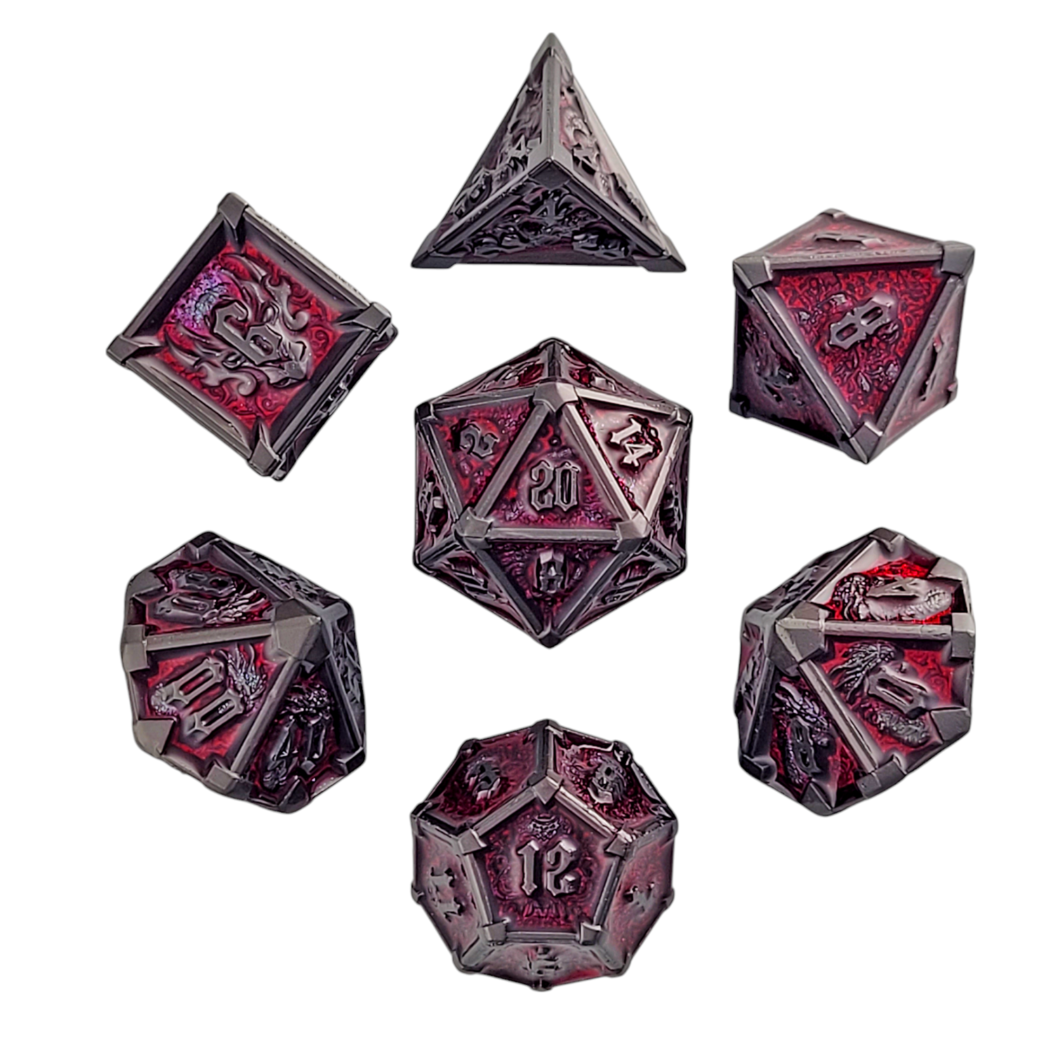 This is a white background image of the Forged Gaming Ossuary Obscura Gunmetal Red Metal RPG Dice Set.