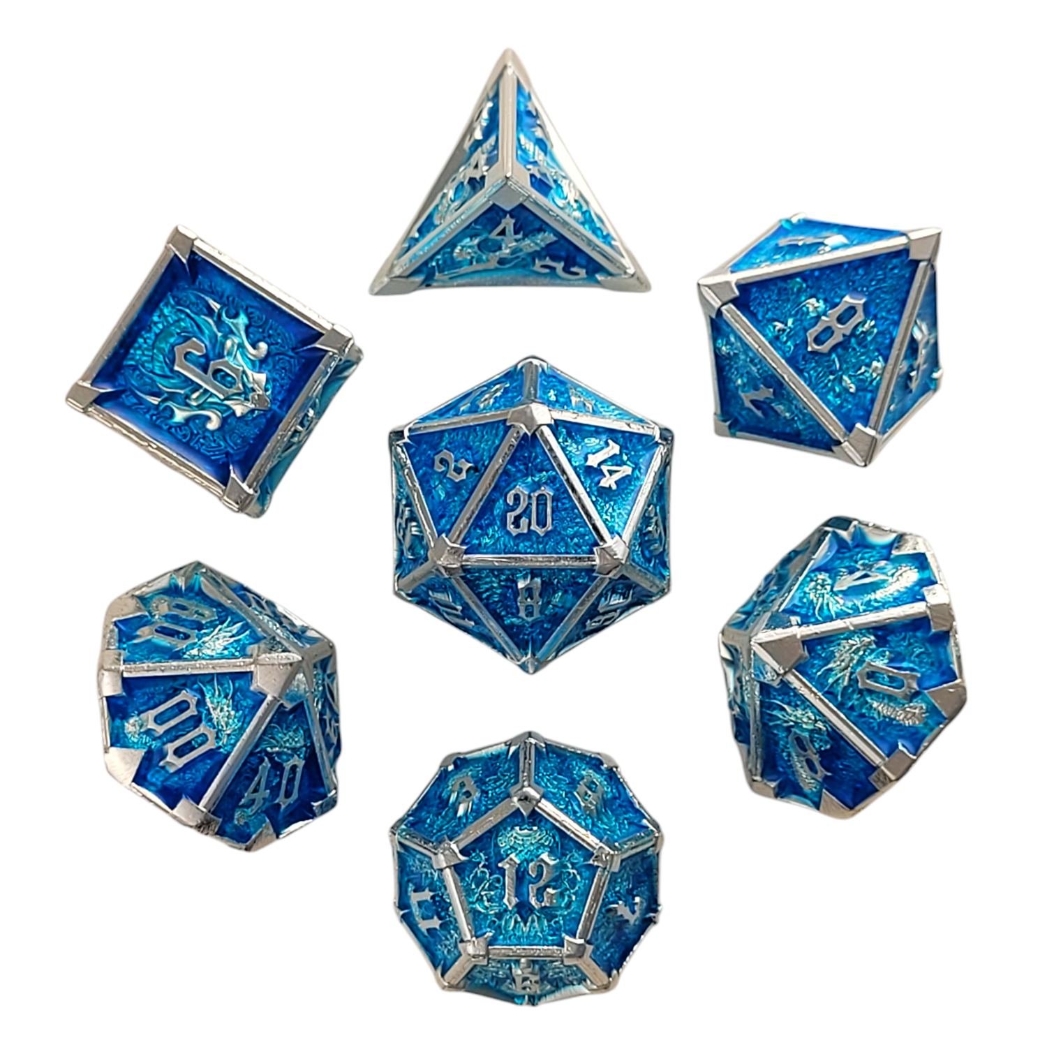 This is a white background image of the Forged Gaming Ossuary Obscura Silver Blue Metal RPG Dice Set.