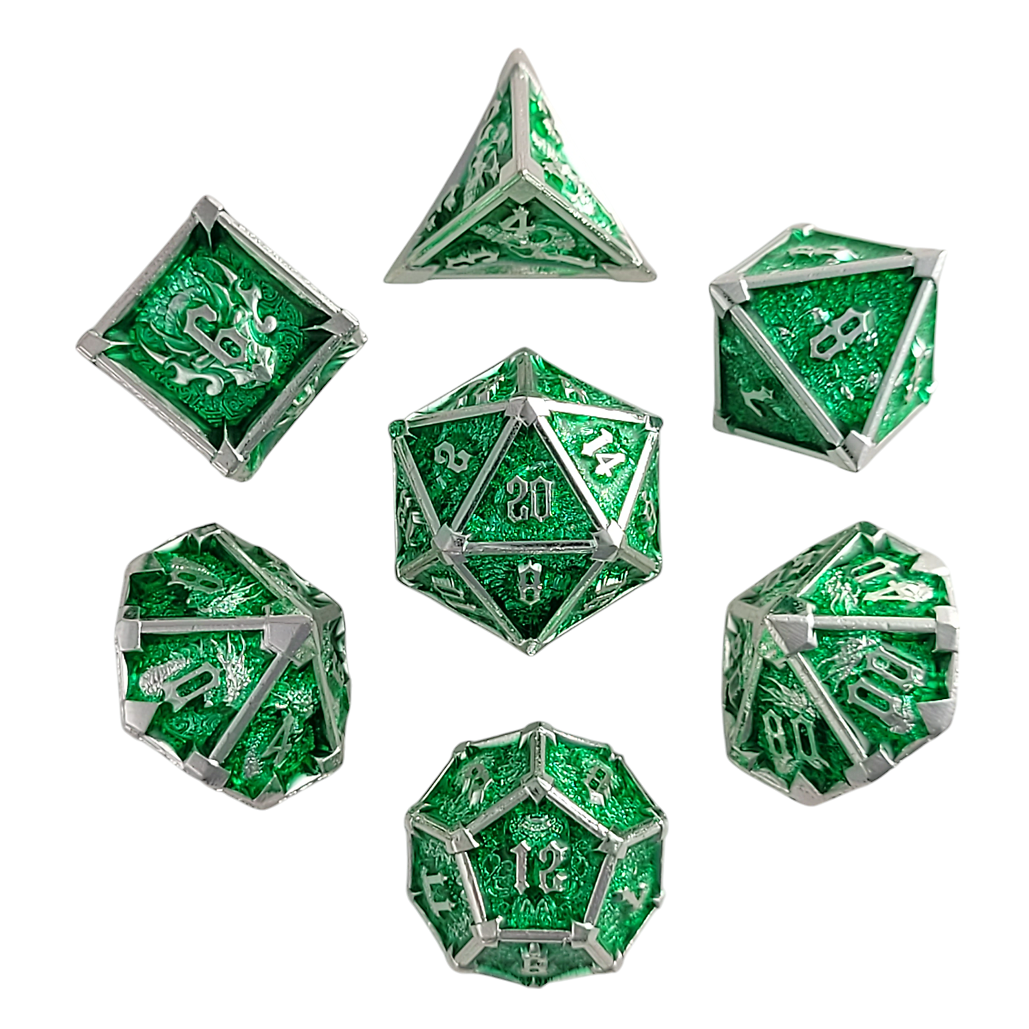 This is a white background image of the Forged Gaming Ossuary Obscura Silver Green Metal RPG Dice Set.