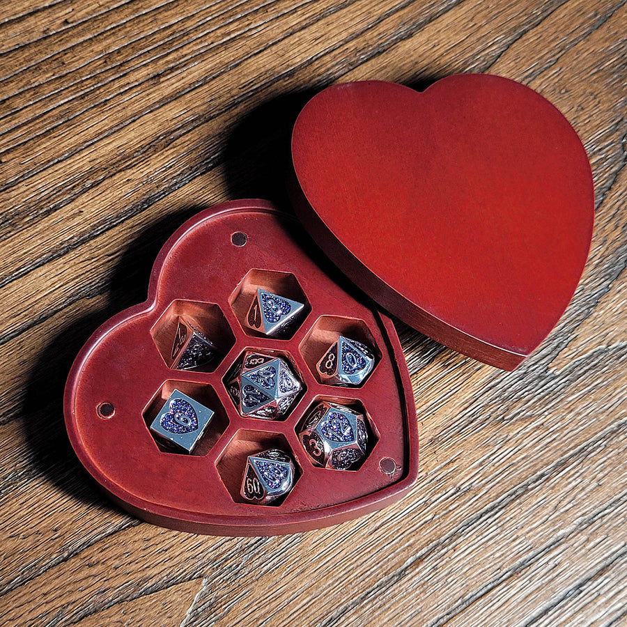 Soaring Heart Set of 7 Heart-Shaped Metal RPG Dice and Heart Dice Box
