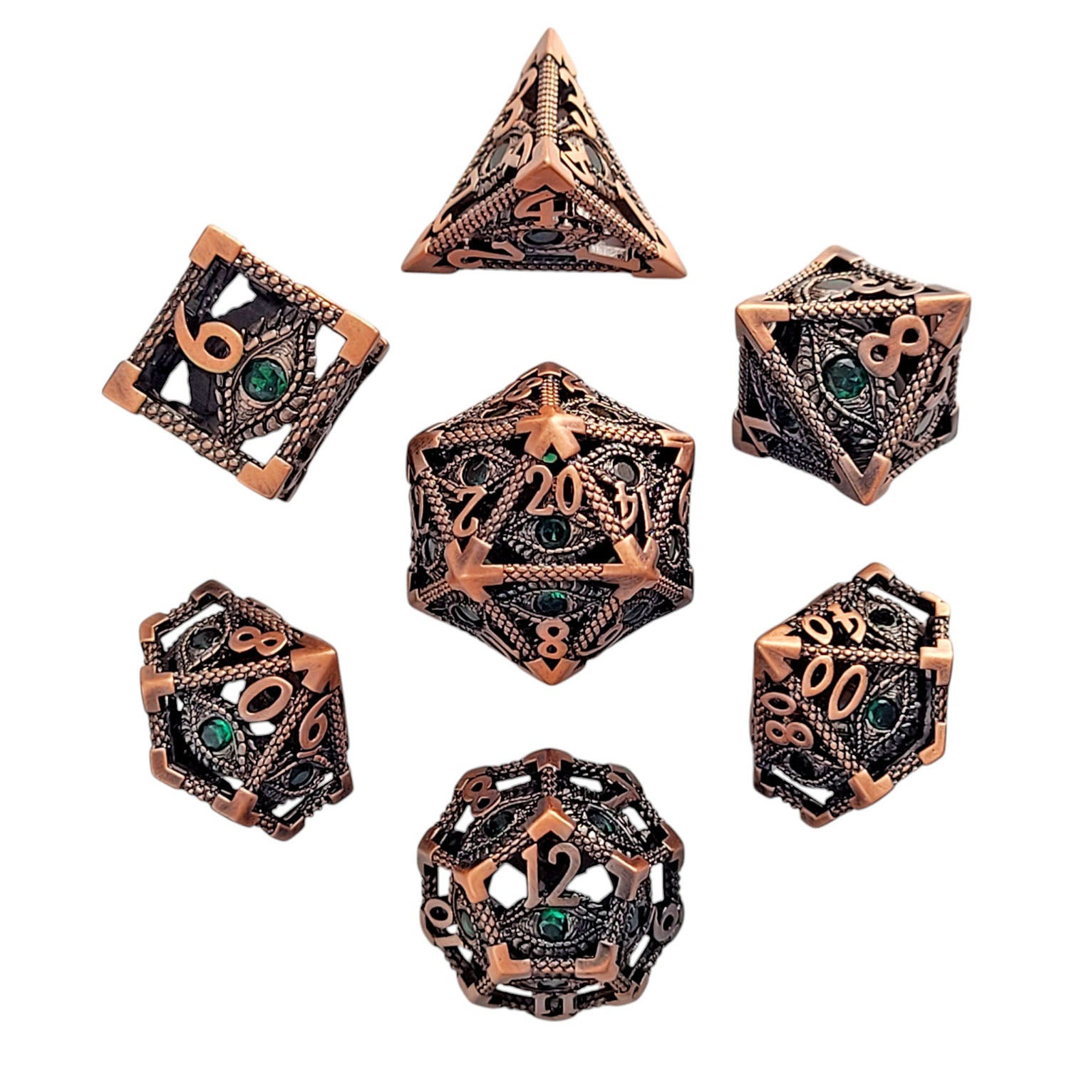 This is a white background image of the Forged Gaming Serpent's Eye Copper Hollow Metal RPG Dice Set. 