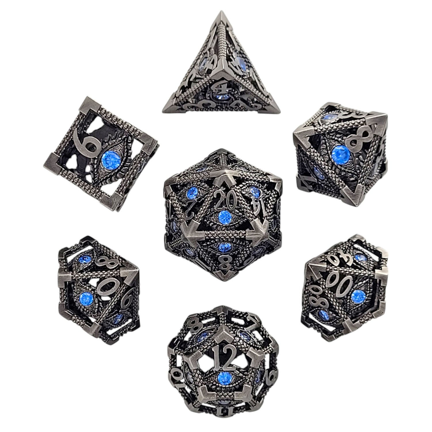 This is a white background image of the Forged Gaming Serpent's Eye Silver Hollow Metal RPG Dice Set.