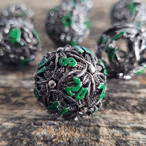 Sylvan Spheres Silver Green Hollow Metal RPG Dice Set