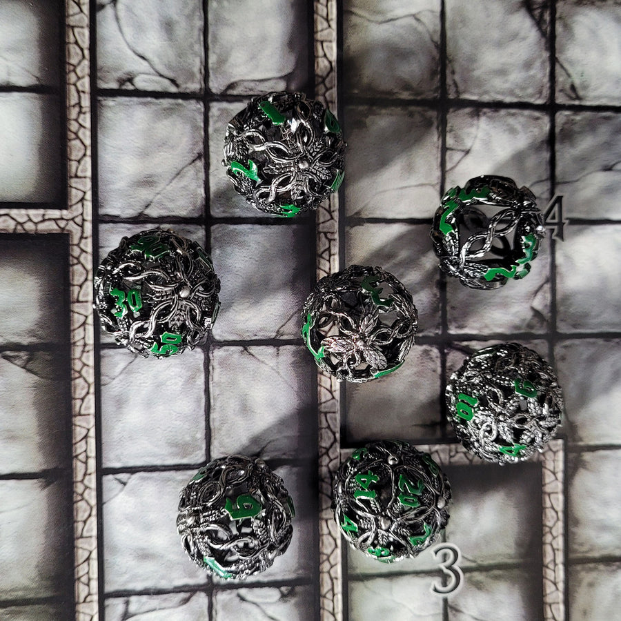 Sylvan Spheres Silver Green Hollow Metal RPG Dice Set