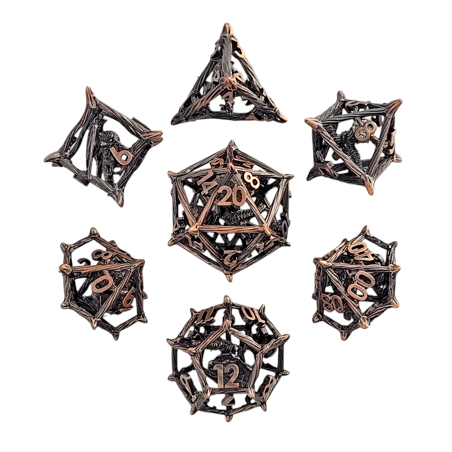 This is a white background image of the Forged Gaming Wicker Dragon Copper Hollow Metal RPG Dice Set. 