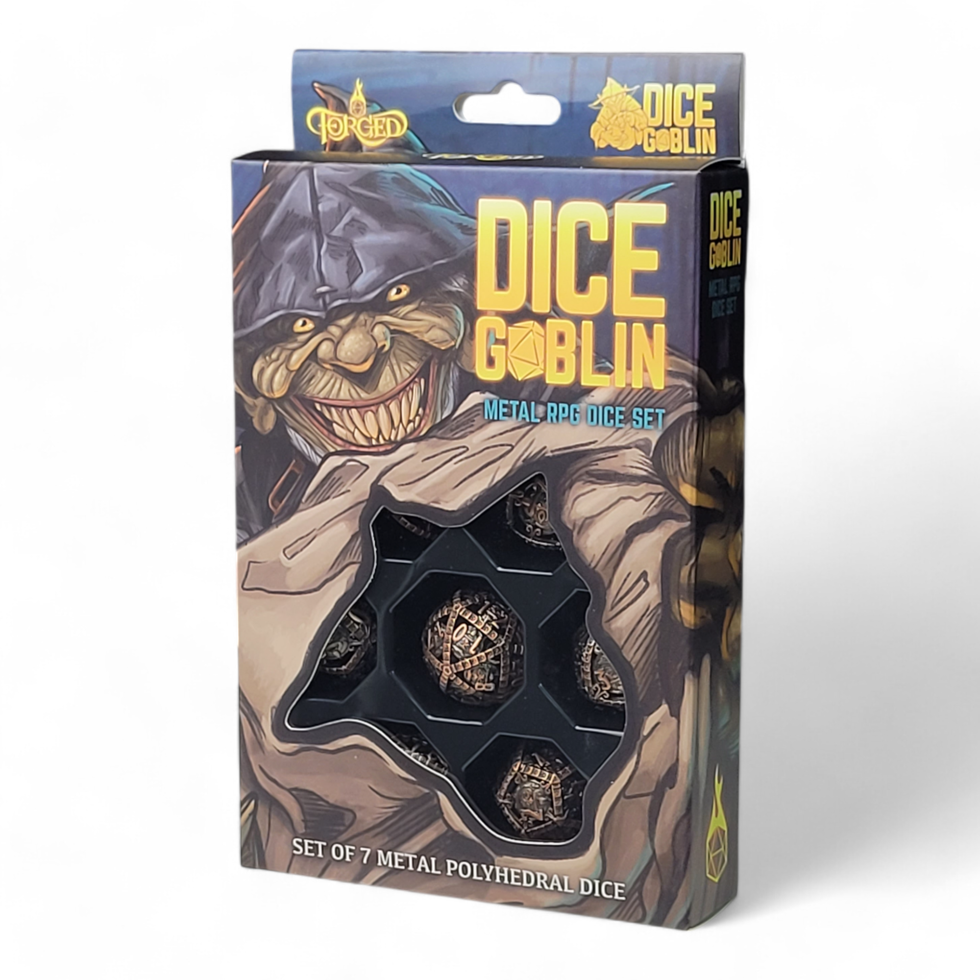 This image shows the Dice Goblin Temple of Whispers Weathered Copper Metal RPG Dice Set in its retail packaging.